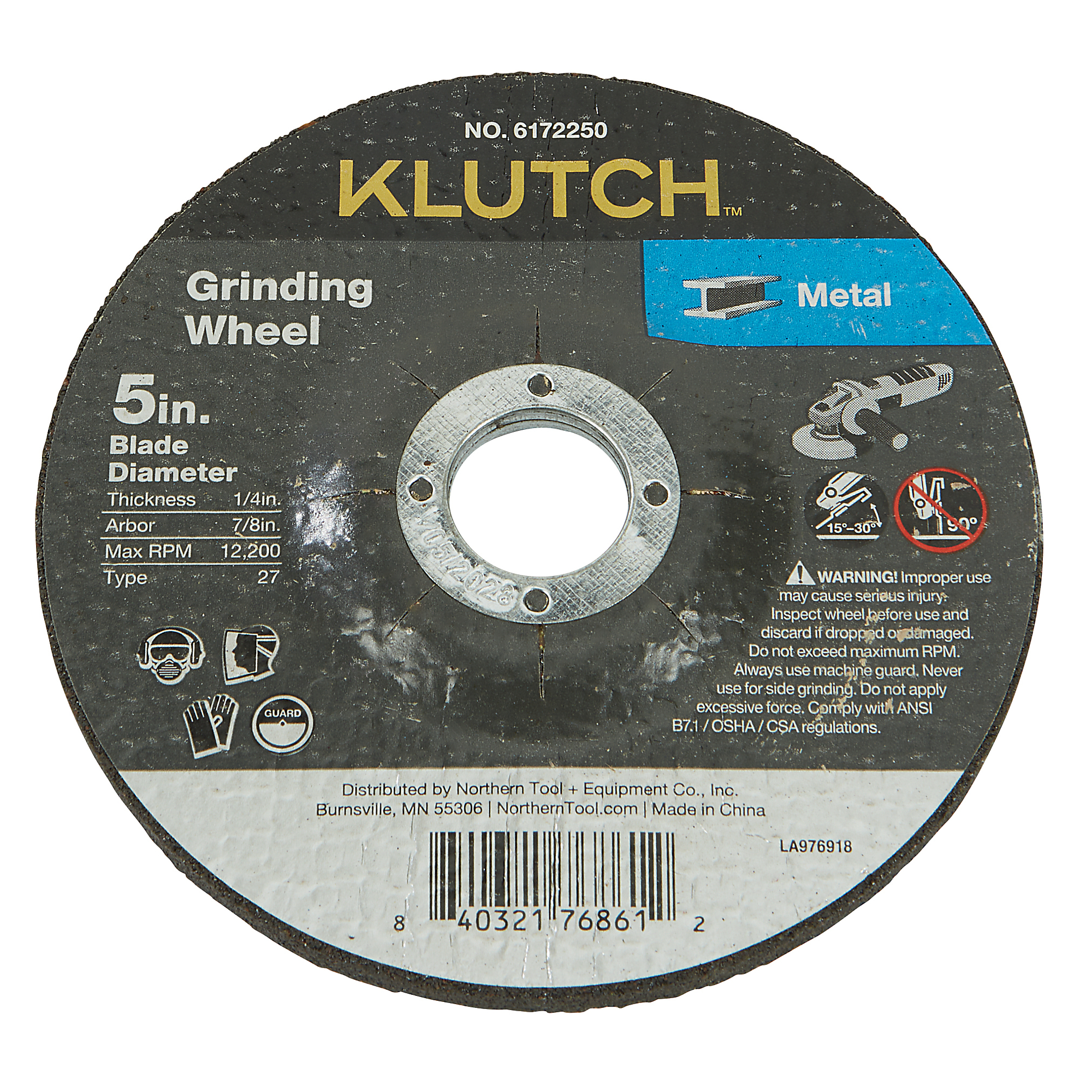 Klutch Metal Grinding Wheel, 5in. x 1/4in. x 7/8in., Type 27